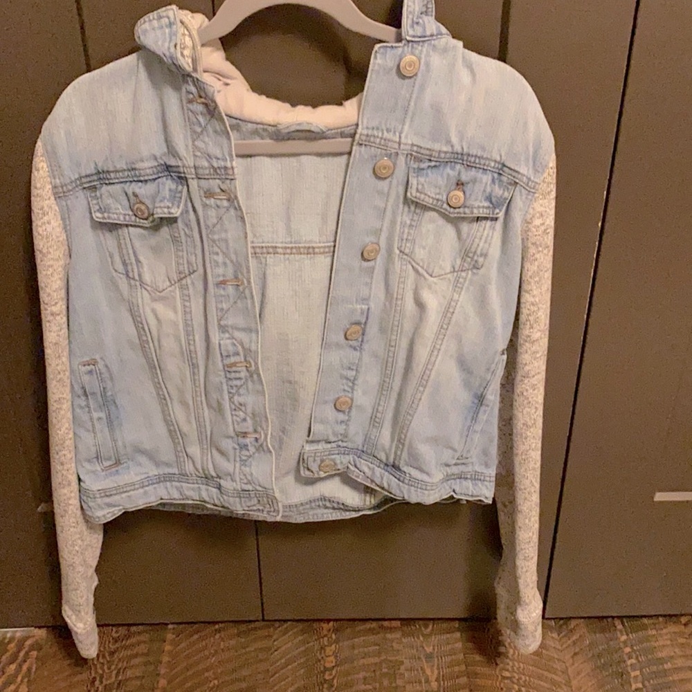 Jean jacket with fleece sleeves and hood
